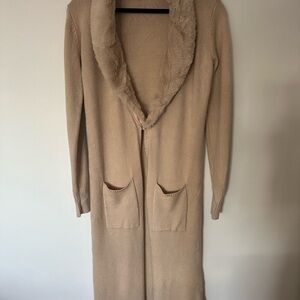 Long Beige Cardigan Sweater with Faux Fur Trim Womens Large
